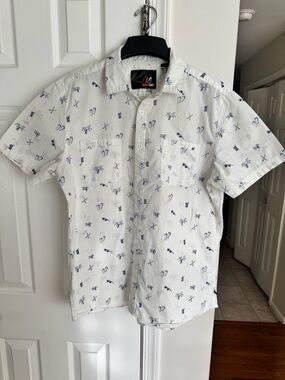 AMPLIFY Men's LG Shirt White Tropical Island Palm Tree 100% Cotton Short Sleeve